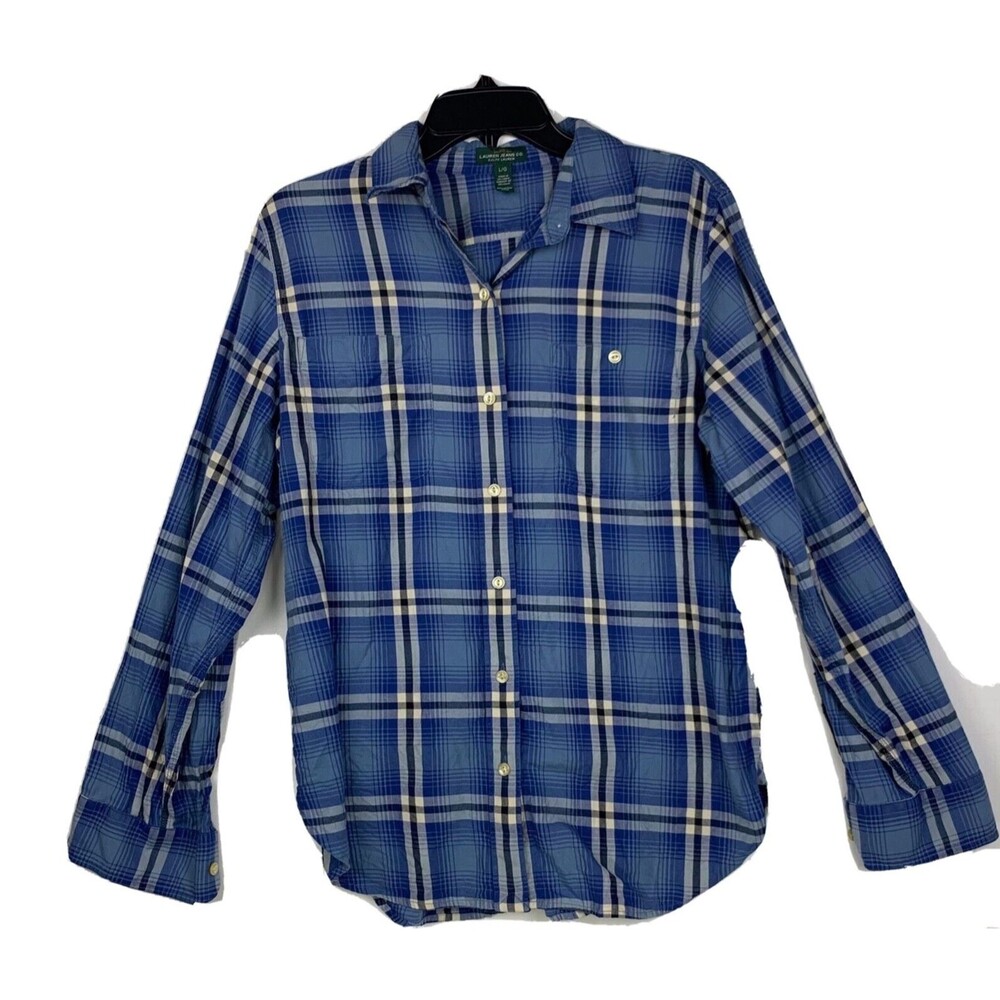 LRL Lauren Jeans Co Ralph Shirt Women Large Blue Check Print Long Sleeve Button